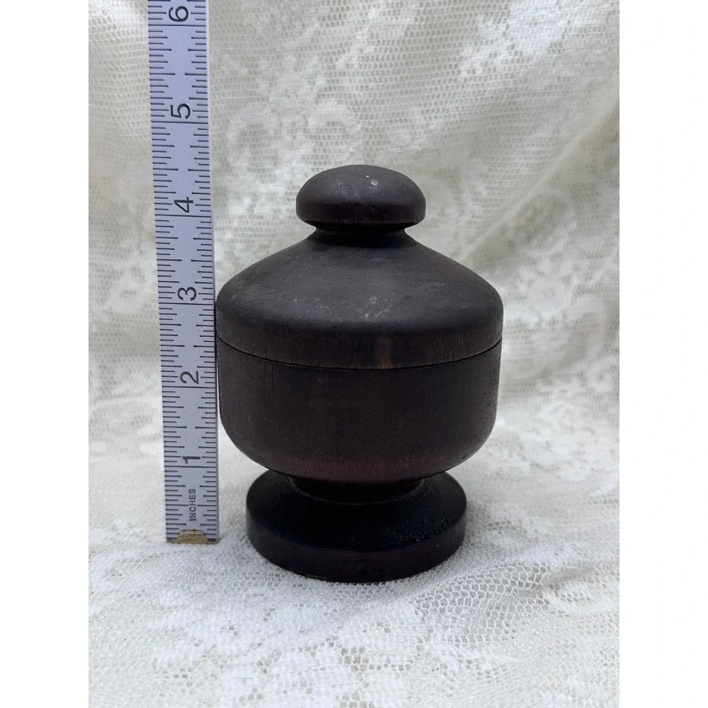 Vintage Dark Wood Pedestal Trinket Box with Lid Hand Turned Round Keepsake Jar